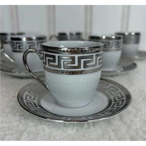 Elegant Silver and White Greek Key Teacup Set